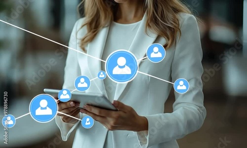 Businesswoman using tablet with social media network connection