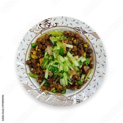 Top view of a plate of Chickpea chhana Beans salad isolated on a white background photo