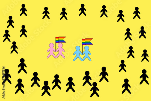 Two LGBTQ plus couples holding rainbow flags standing in a crowd of black silhouettes. A representation of pride, love, and inclusivity.