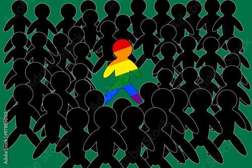 An individual in rainbow colors stands out in a crowd of black silhouettes, symbolizing LGBT pride, individuality, and diversity.