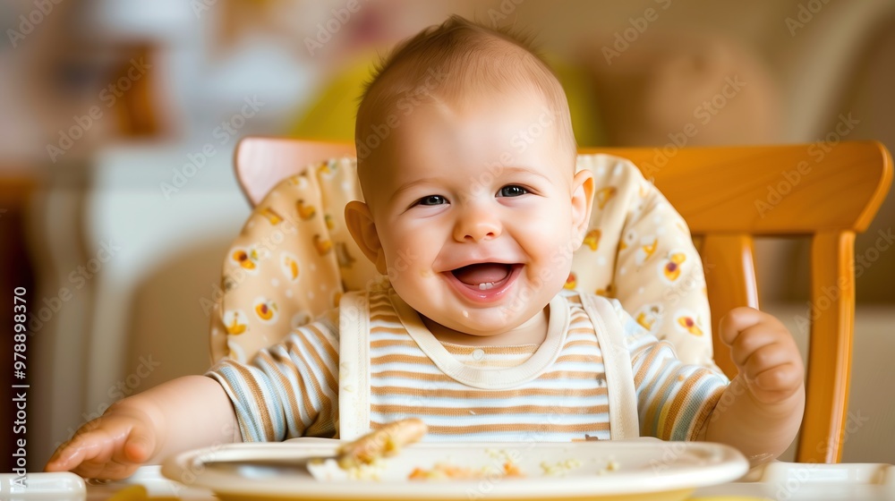 happy baby boy sits in high chair eating food happy baby boy sits in high chair eating food
