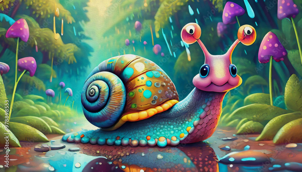 OIL PAINTING STYLE CARTOON CHARACTER illustration Snail on a wet street, rainy day OIL PAINTING STYLE CARTOON CHARACTER illustration Snail on a wet street, rainy day