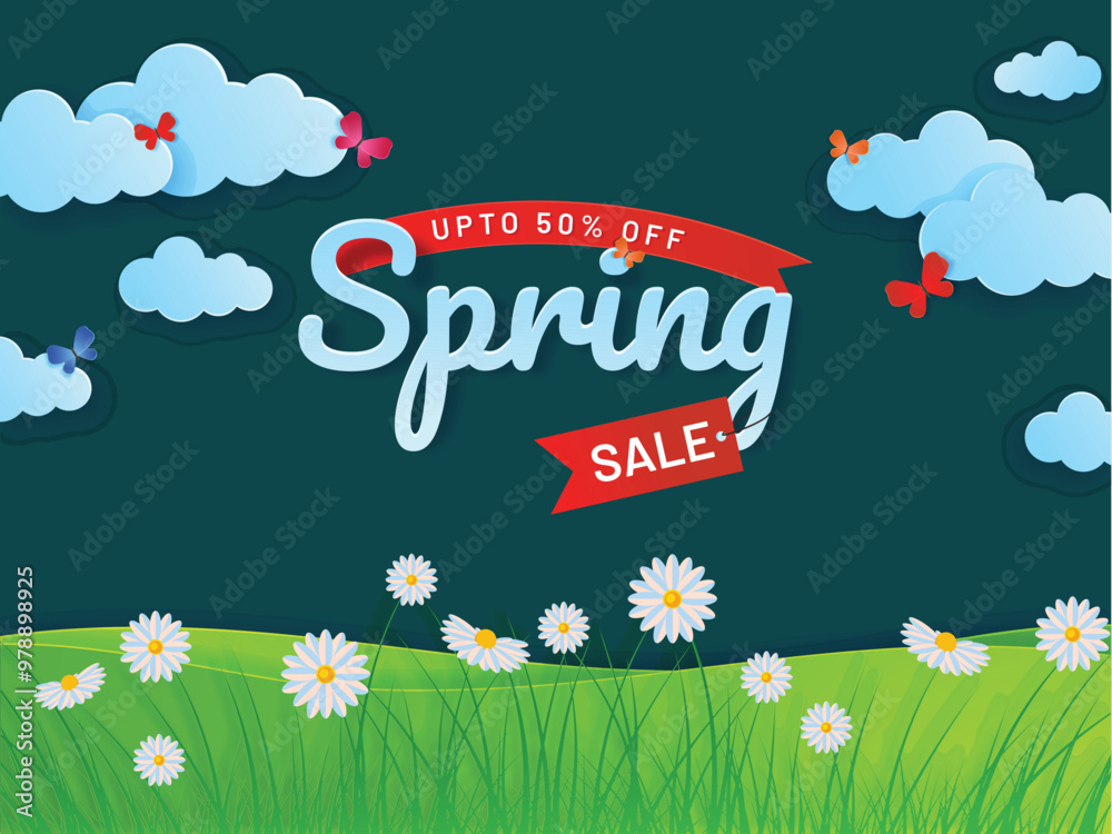 Φωτογραφία Paper text spring on nature sea green landscape background with discount offer for Spring sale poster or banner design