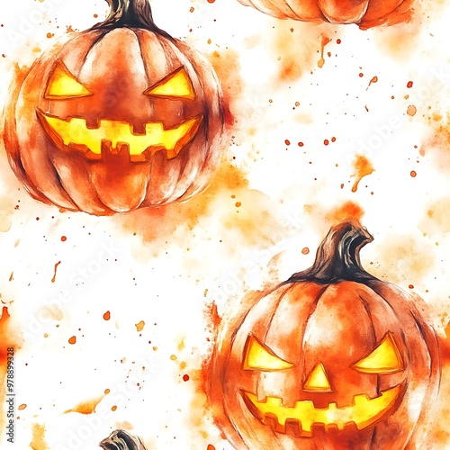 Intricately Detailed Watercolor Pattern of Grinning Halloween Pumpkins on White Background