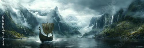 Serene Viking vessel sailing through misty fjord captures the essence of Norse exploration, perfect for travel agency promotions, historical documentaries, and atmospheric fantasy game scenes
