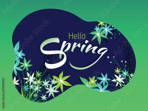 Hello Spring header or banner design decorated with beautiful flowers and paper cut leaves on jade green background.