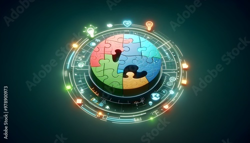 Creative digital round puzzle educational hologram on dark green background. Microlearning and gamification concept. 3D Rendering.