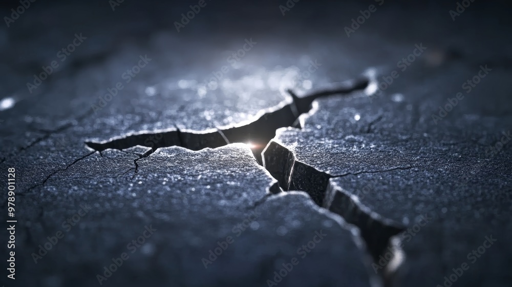 A prominent crack runs through the dark pavement, highlighted by a subtle light, revealing urban deterioration A prominent crack runs through the dark pavement, highlighted by a subtle light, revealing urban deterioration