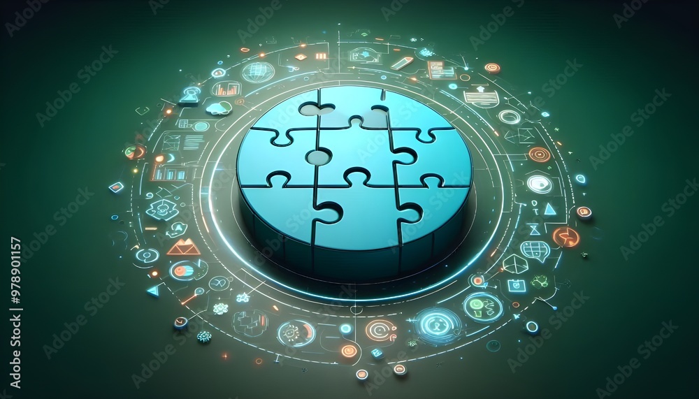 Fototapeta premium Creative digital round puzzle educational hologram on dark green background. Microlearning and gamification concept. 3D Rendering.