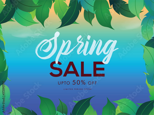 Spring sale poster or banner design with discount offer and decorative tropical leaves.