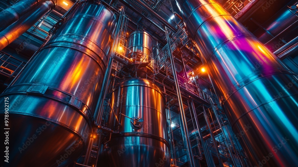 Obraz premium Stainless steel tank with colorful pipes, industrial setting, steampunk style, metallic textures, soft glow lighting