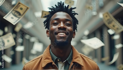 African American man sporting a warm smile with dollers flowing in background photo