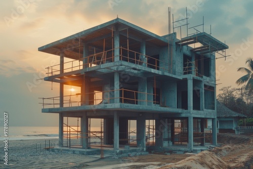 the process of building a house on the shore of a lake, sea, or ocean photo