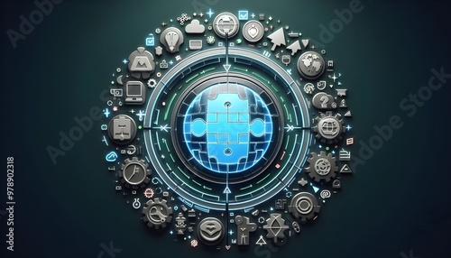 Creative digital round puzzle educational hologram on dark green background. Microlearning and gamification concept. 3D Rendering.