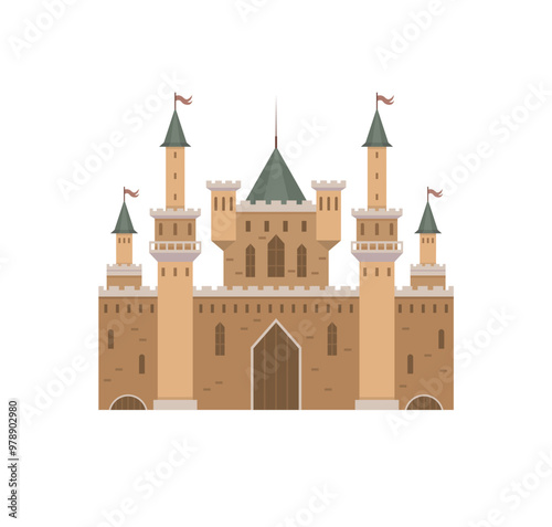 Majestic castle with towers and flags stands proudly. Ideal for themes of adventure, fairy tales, history, fantasy, and medieval times. Flat design with earthy tones and green roofs