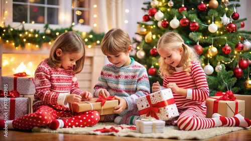 Children Opening Presents by Christmas Tree”