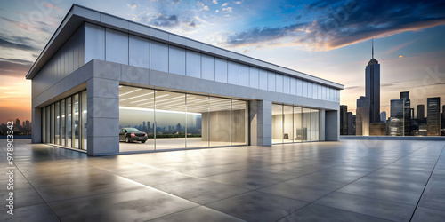 Obraz na płótnie Modern showroom exterior with a concrete floor and urban city backdrop, perfect for displaying automotive vehicles, showroom w salonie