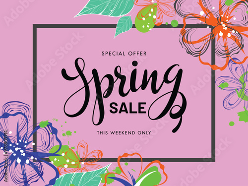 Spring Sale banner or poster design decorated with creative flowers on pink background.