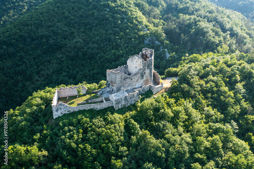 Aerial view of historic castle ruins surrounded by lush forest and greenery, Oprtalj, Croatia. photo