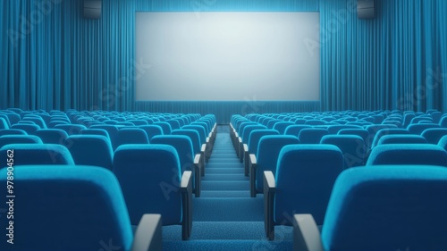 A tranquil cinema scene featuring empty blue seats and a bright screen, perfect for movies and cinema-related imagery.