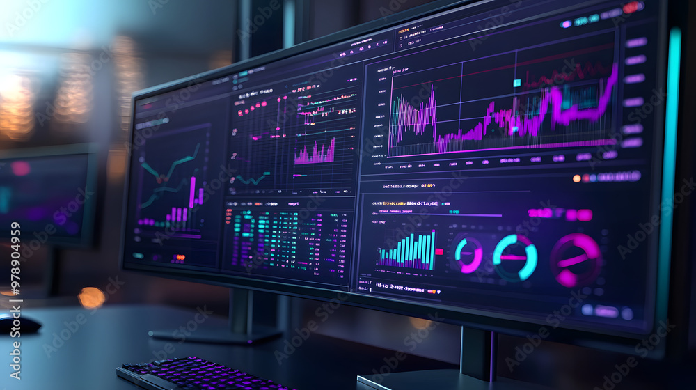 Computer monitor displaying an abstract network monitoring dashboard with real-time data analytics, graphs, and system health indicators. Computer monitor displaying an abstract network monitoring dashboard with real-time data analytics, graphs, and system health indicators.