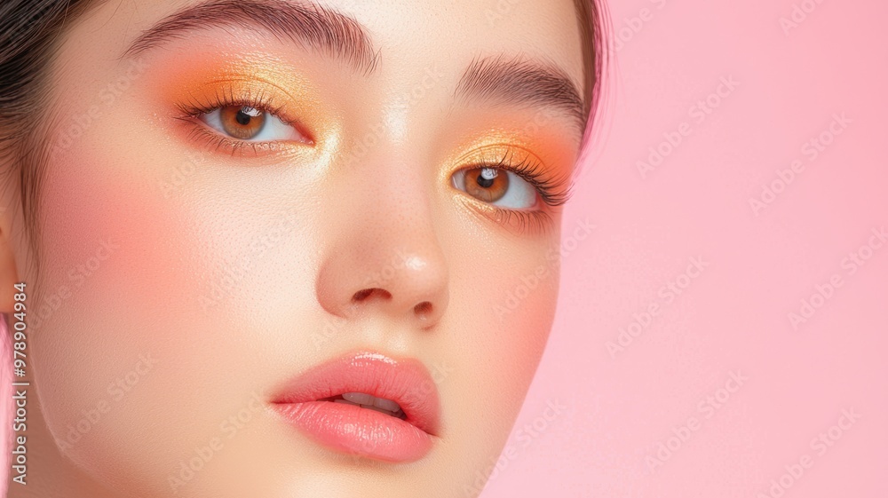 Close-up portrait of a young woman with bright makeup against a soft pink background