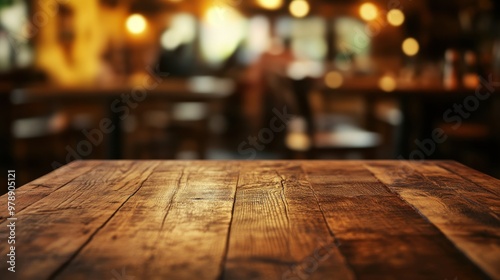 A blurred interior of a cozy restaurant with a focus on a wooden table.