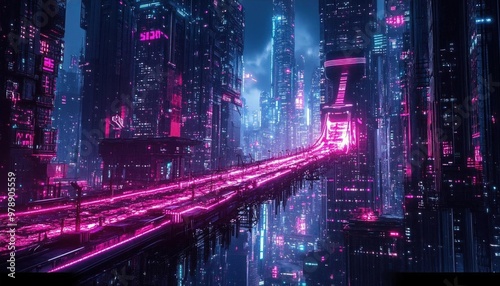 Futuristic cityscape with neon lights at night.