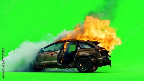 Chroma-key burning car wreck on green screen 3d animation