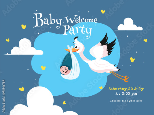 Stork carrying a baby in a bag and event details for Baby Welcome Party invitation card design.