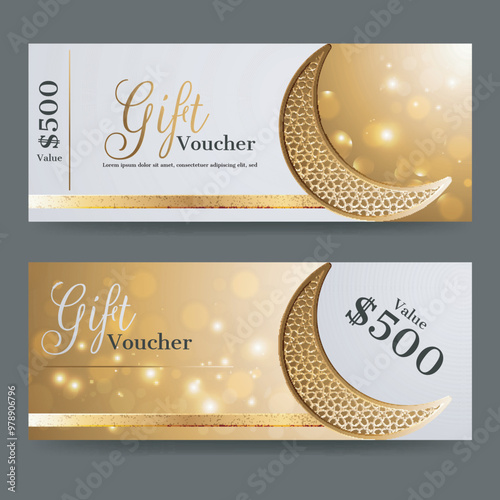 Gift voucher or coupon layout with best discount offer and ornament crescent moon.