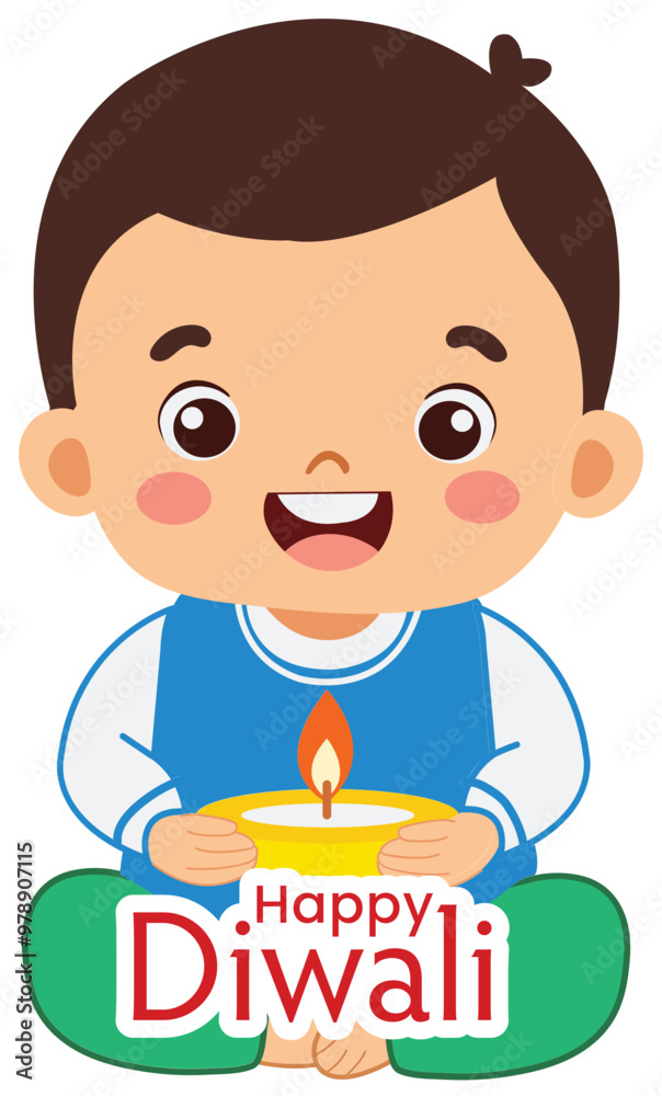 Sticker Style Happy Diwali Text with Cute Indian Girl Character Holding Illuminated Oil Lamp (Diya) on Grey Background. Sticker Style Happy Diwali Text with Cute Indian Girl Character Holding Illuminated Oil Lamp (Diya) on Grey Background.