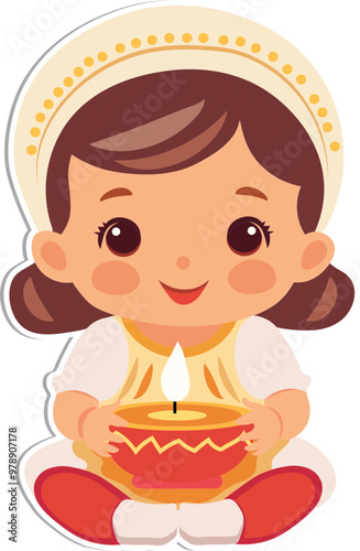 Sticker Style Cute Indian Girl Character Holding Illuminated Oil Lamp (Diwali Diya) on Grey Background.