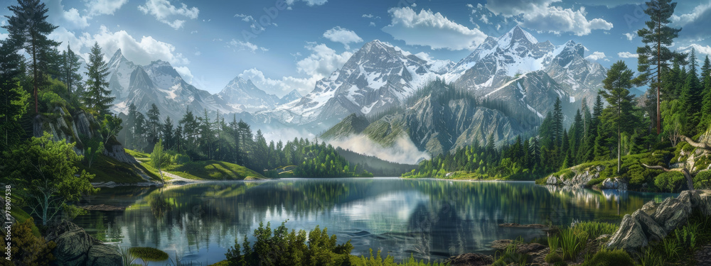 Naklejka premium A tranquil alpine lake, nestled amidst towering peaks and dense forests, with crystal-clear waters reflecting the snow-capped mountains above