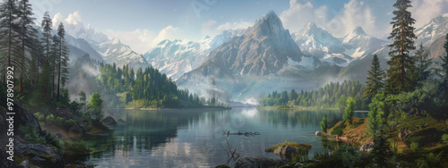 A tranquil alpine lake, nestled amidst towering peaks and dense forests, with crystal-clear waters reflecting the snow-capped mountains above photo