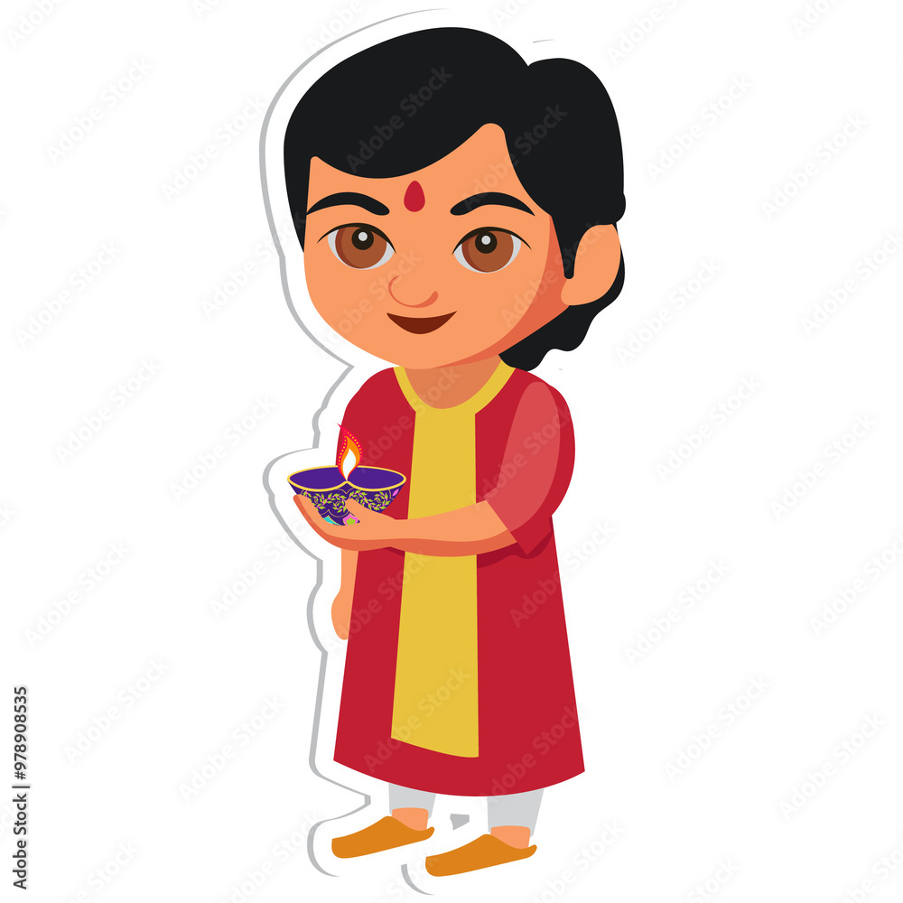 Sticker Style Cute Indian Boy Character Celebrating Diwali with Lit Oil Lamp (Diya) on Grey Background. Sticker Style Cute Indian Boy Character Celebrating Diwali with Lit Oil Lamp (Diya) on Grey Background.