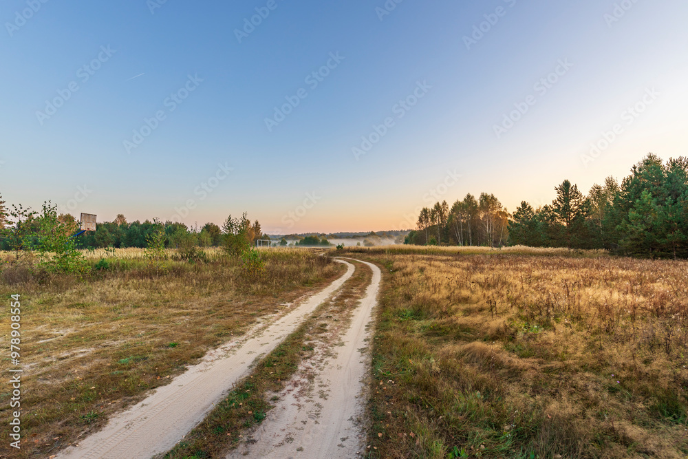 A dirt road in a field with a blue sky in the background A dirt road in a field with a blue sky in the background