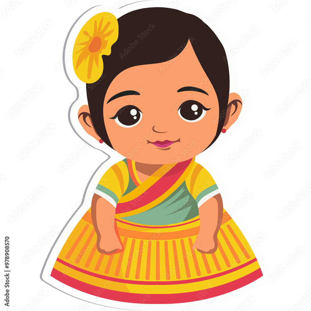 Sticker Style Cute Indian Girl Character in Sitting Pose on Grey Background. Sticker Style Cute Indian Girl Character in Sitting Pose on Grey Background.