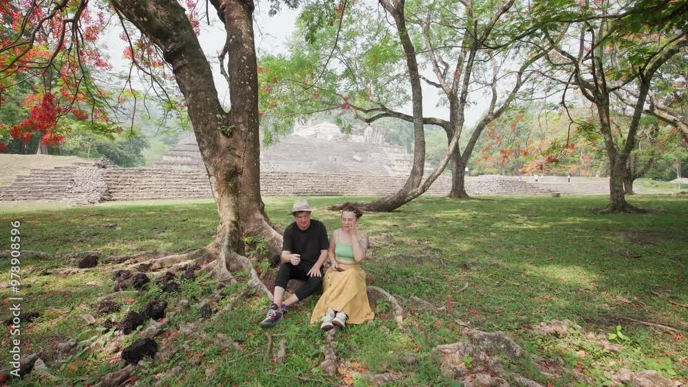 young couple of tourists walking in national park. Pyramids in Mexico