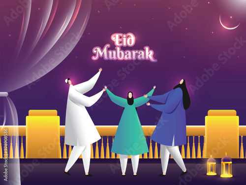 Eid Mubarak poster or banner design. Cartoon character of man and woman enjoying Eid Party.