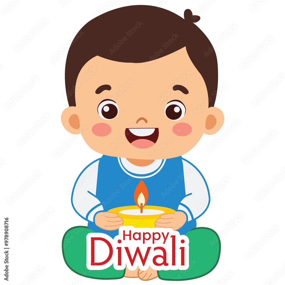 Sticker Style Happy Diwali Text with Cute Indian Girl Character Holding Illuminated Oil Lamp (Diya) on Grey Background. Sticker Style Happy Diwali Text with Cute Indian Girl Character Holding Illuminated Oil Lamp (Diya) on Grey Background.