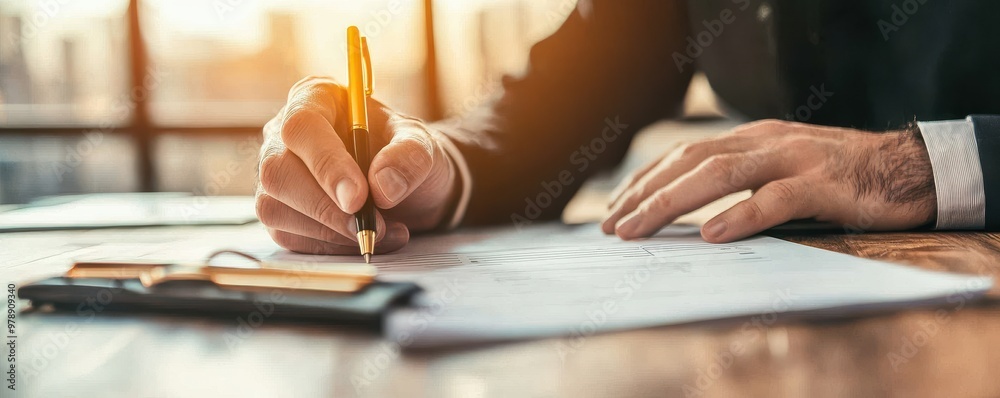 Obraz premium professional man writing on paper with a pen, symbolizing productivity and business communication in a modern office.
