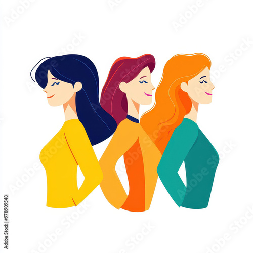 Three diverse women stand confidently side by side, showcasing unity and strength in a vibrant vector illustration.