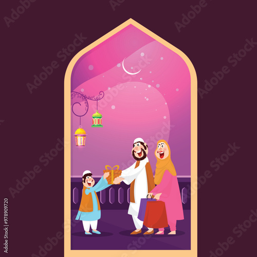 Concept of Eid Sale. Cartoon character of Islamic couple wishing and giving gift to a child on occasion of Islamic Festival Eid Mubarak.