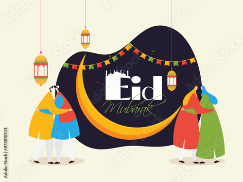 Beautiful poster and banner design with illustration of young men and women hugging each other and celebrating Islamic Festival Eid Mubarak.