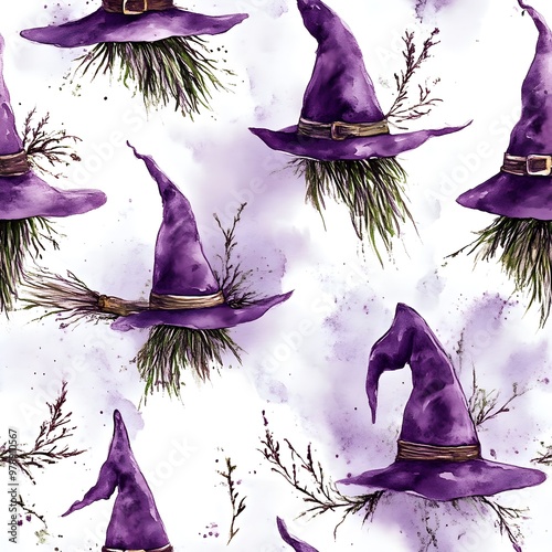 Intricate Watercolor Witch Hat and Broomstick Pattern in Deep Purple and Acid Green