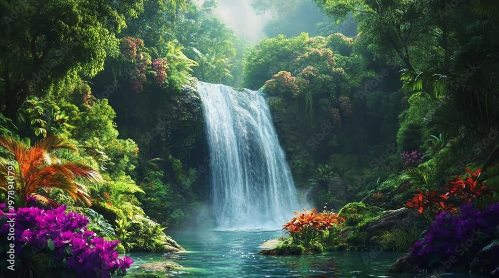 Breathtaking waterfall cascading in lush green forest on a sunny day with sparkling water
 Seamless looping 4k time-lapse virtual video animation Generated AI