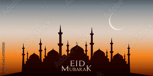 Eid Mubarak background with illustration of Mosque (Masjid) and moon for header  banner or poster design.