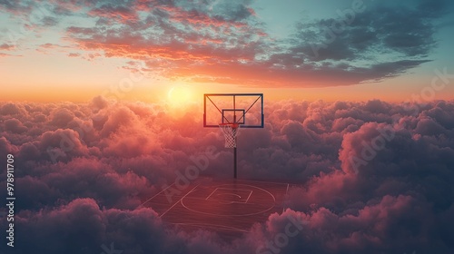 Basketball Hoop in the Clouds at Sunset