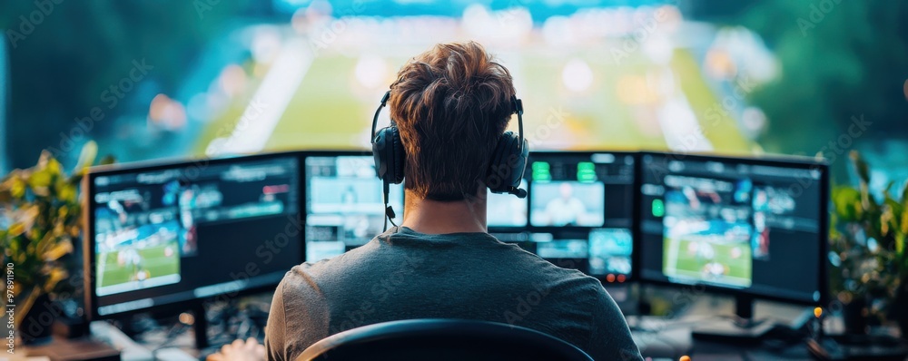 A focused individual managing multiple computer screens, overseeing live sports events from a control center. A focused individual managing multiple computer screens, overseeing live sports events from a control center.